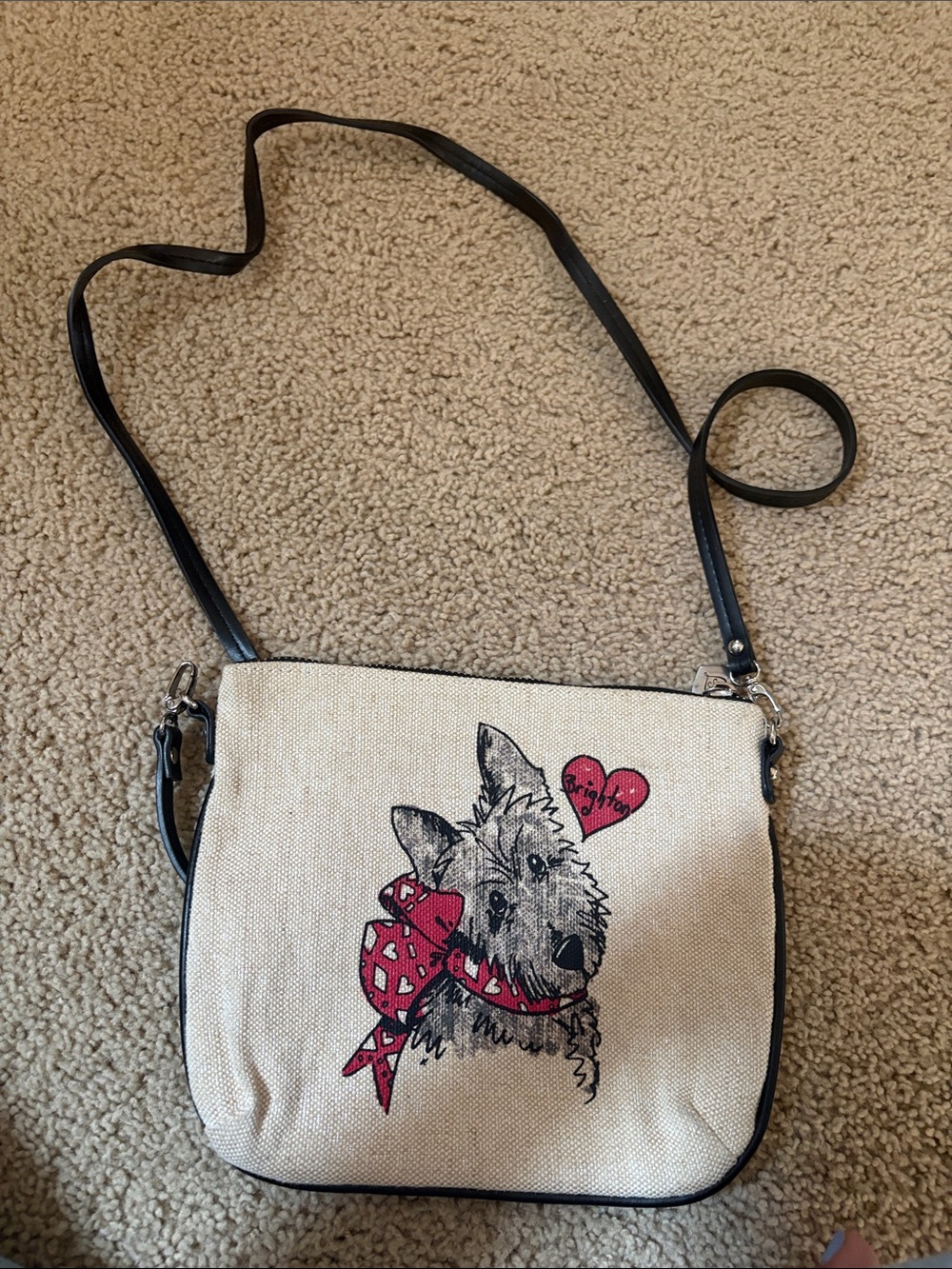 Brighton Canvas Crossbody Bag in Natural and Black with Pink Dog Accent